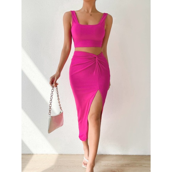 two piece set: Tank Top & Twist Front Split Thigh midi Skirt black - Picture 8 of 11